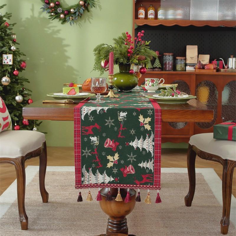 Christmas Snowman Jacquard Table Runner with Fringe, Polyester Tasseled Tablecloth for Dining, Buffet, Fireplace Mantle Scarf