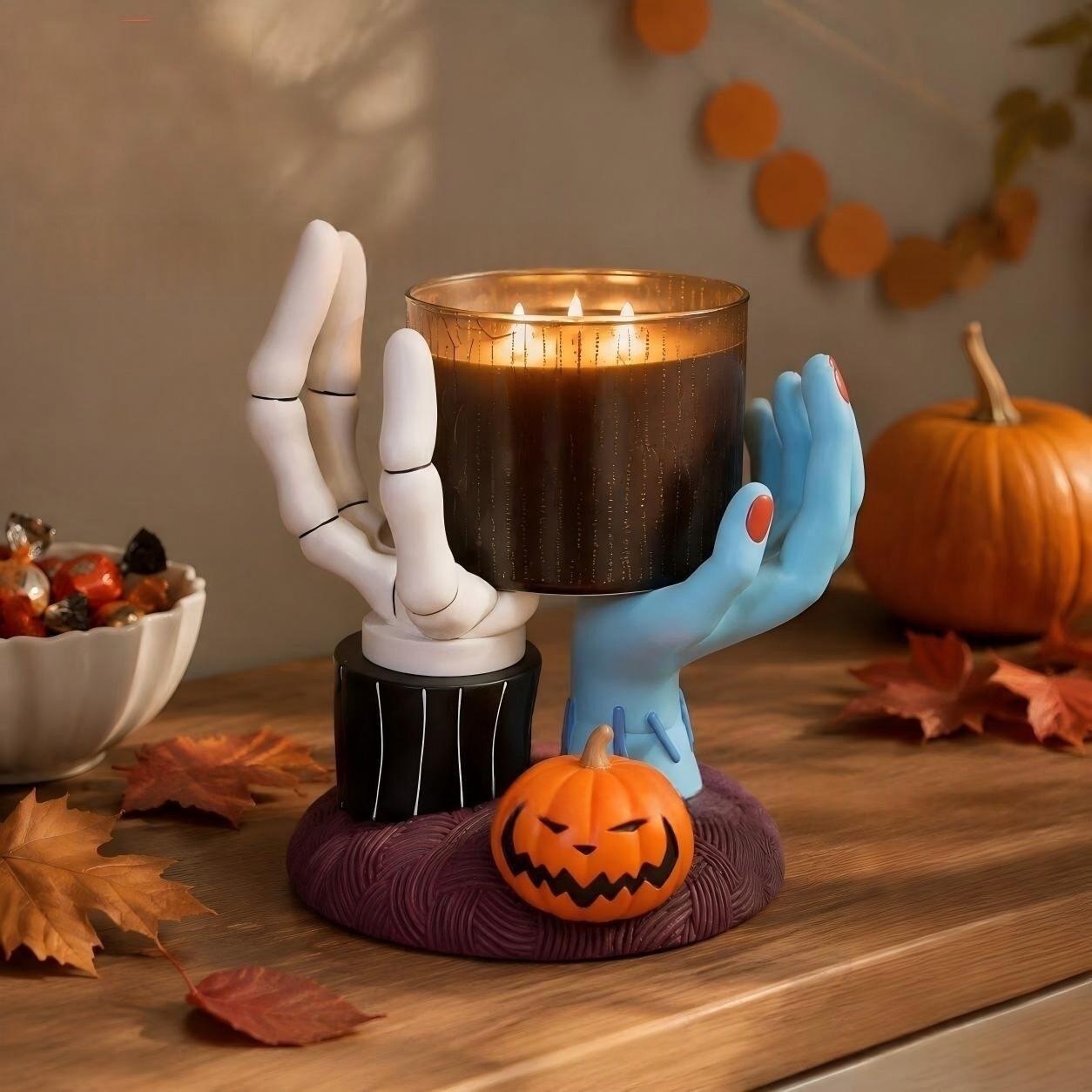 Halloween Skeleton & Zombie Hands Candle Holder Base – Resin Pedestal Stand for 3-Wick Candles (Candle Not Included)