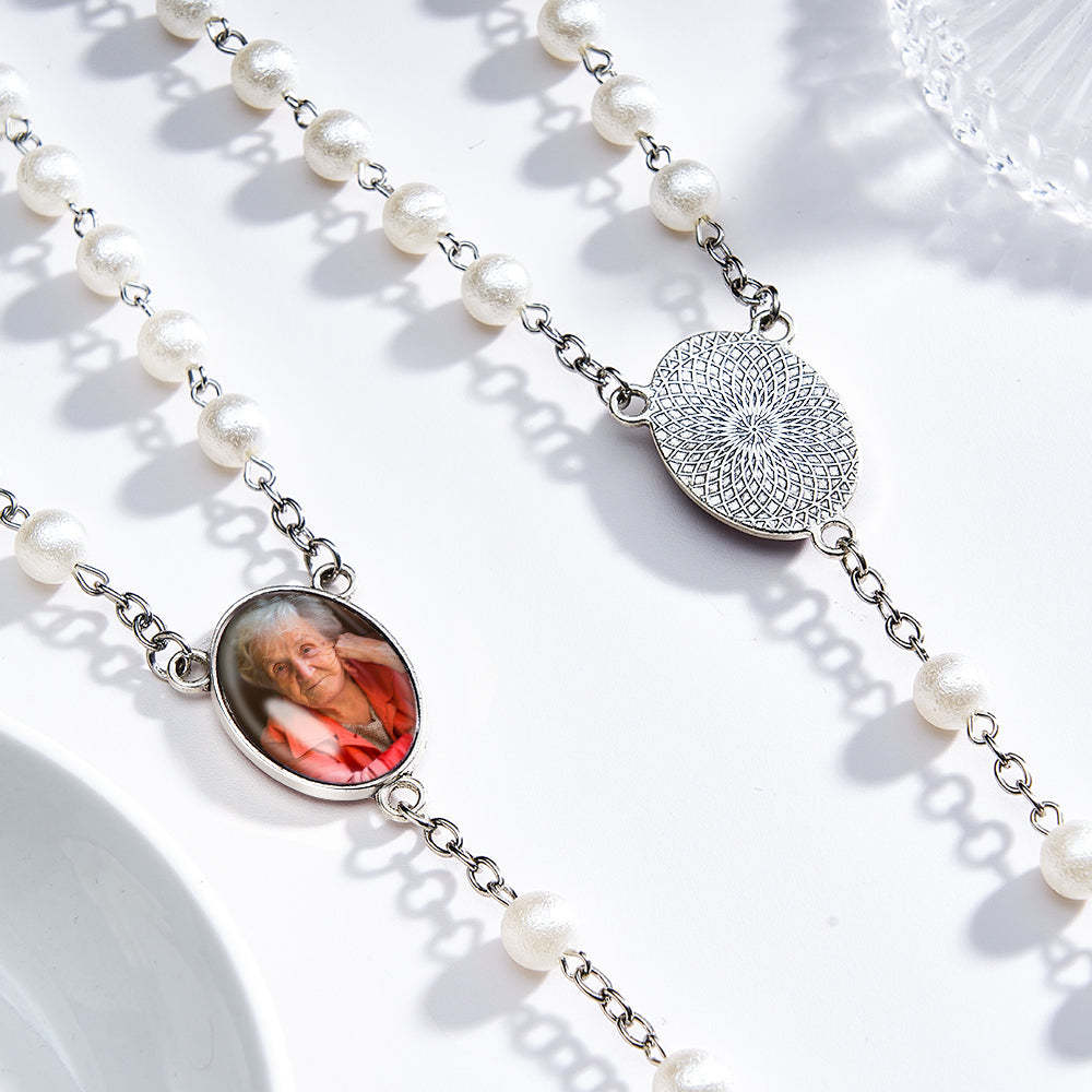 Custom Rosary Beads Cross Necklace Personalized White Bayberry Beads Necklace with Photo - Myphotowallet