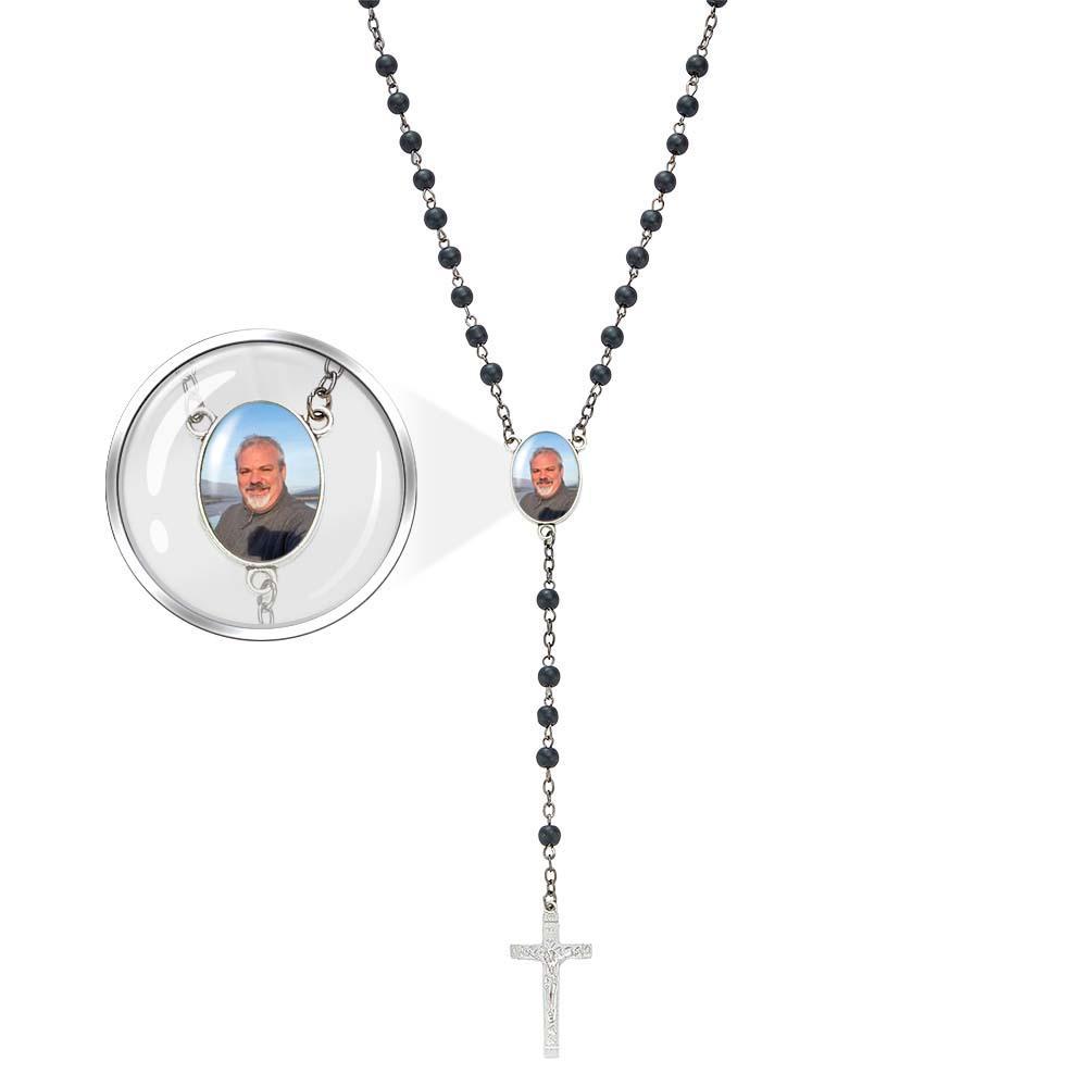 Custom Rosary Beads Cross Necklace Personalized Black Frosted Agate Necklace with Photo - Myphotowallet