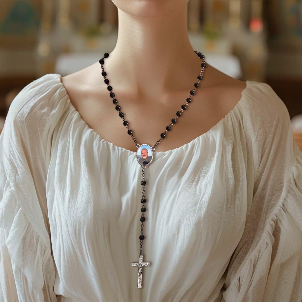 Custom Rosary Beads Cross Necklace Personalized Black Frosted Agate Necklace with Photo - Myphotowallet