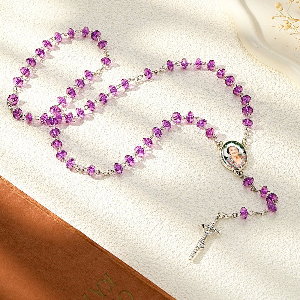 Custom Rosary Beads Cross Necklace Personalized Purple Flat Beads Necklace with Photo