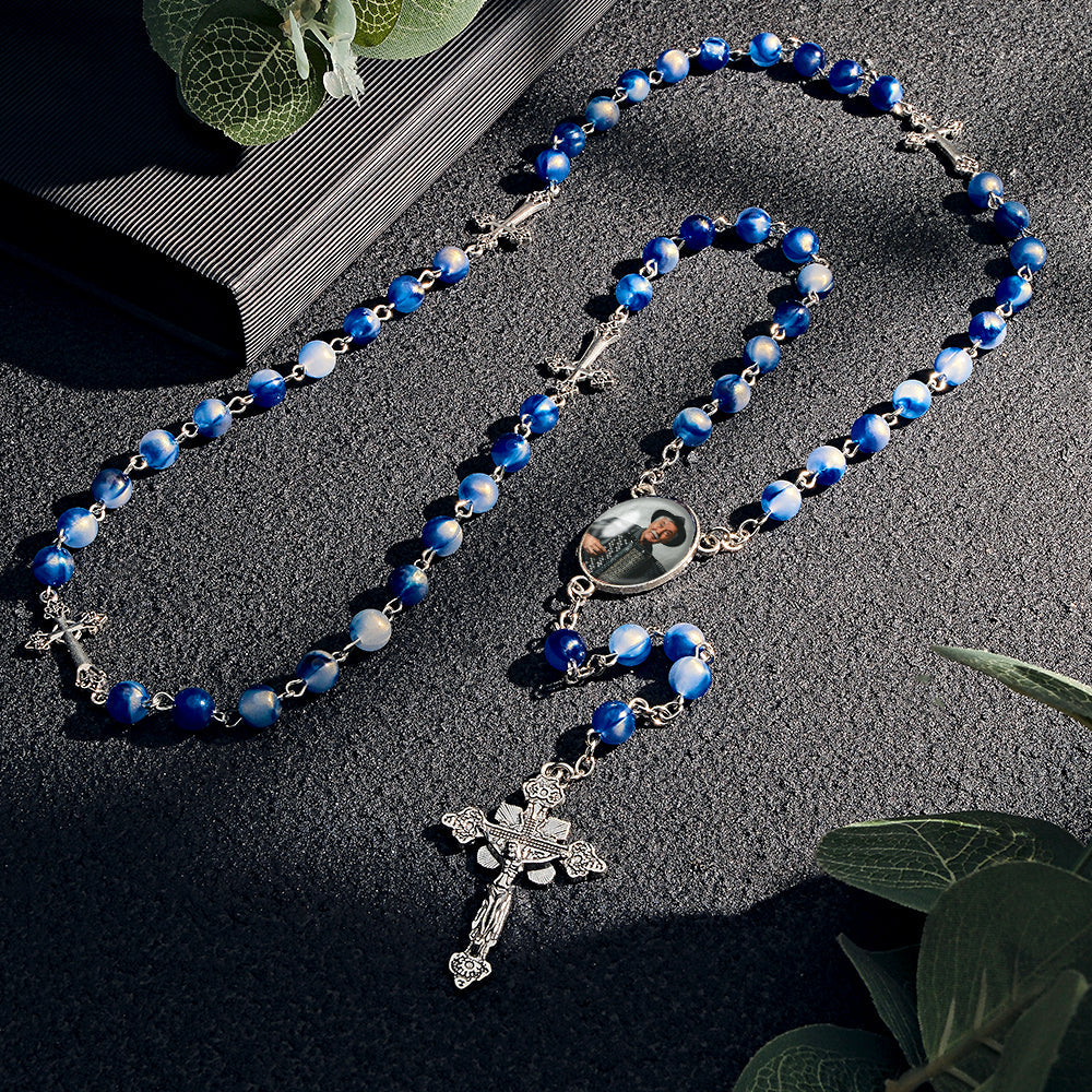 Sentimental Memorial Gifts for Catholics Custom Rosary Beads Cross Necklace Personalized Blue Acrylic Beads Necklace with Photo