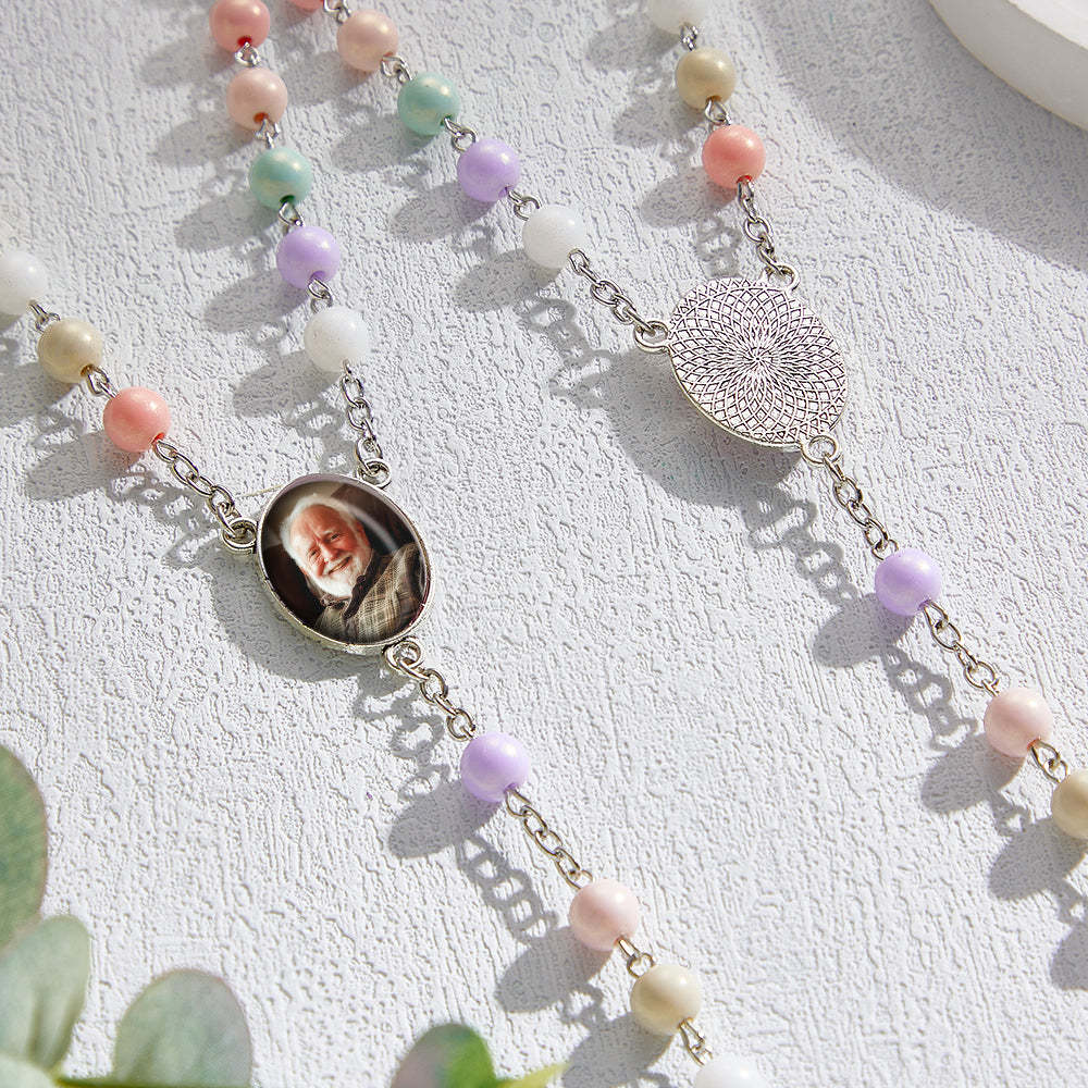 Custom Rosary Beads Cross Necklace Personalized Acrylic Macaron Color Beads Necklace with Photo - Myphotowallet