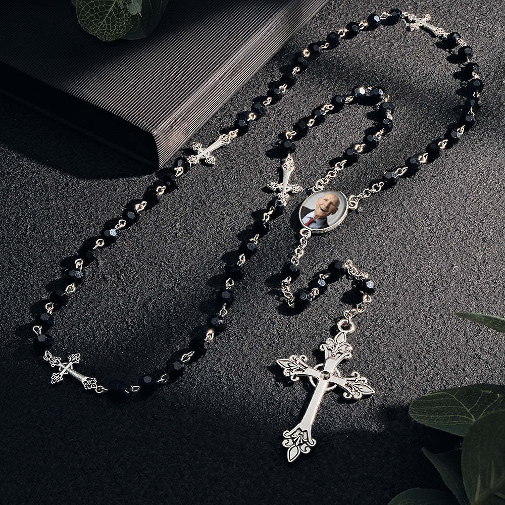 Custom Rosary Beads Cross Necklace Personalized Gothic Cross Necklace with Photo - Myphotowallet