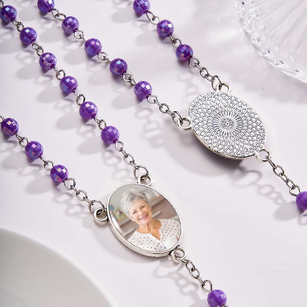 Custom Rosary Beads Cross Necklace Personalized Plated Purple Rose Beads Necklace with Photo - Myphotowallet