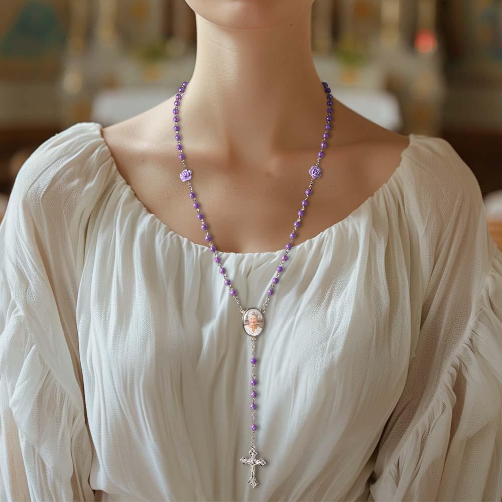 Custom Rosary Beads Cross Necklace Personalized Plated Purple Rose Beads Necklace with Photo - Myphotowallet