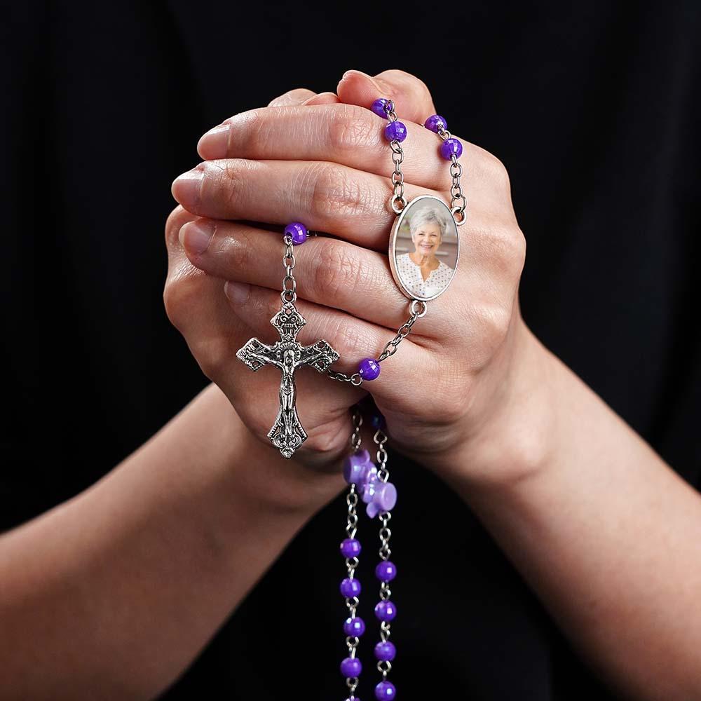 Custom Rosary Beads Cross Necklace Personalized Plated Purple Rose Beads Necklace with Photo - Myphotowallet