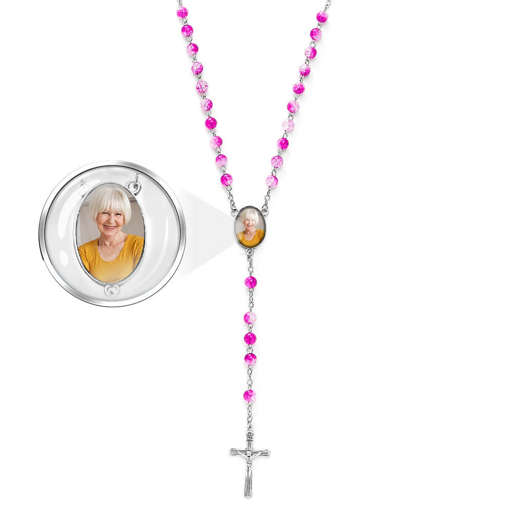 Custom Rosary Beads Cross Necklace Personalized Acrylic Explosion Beads Necklace with Photo - Myphotowallet