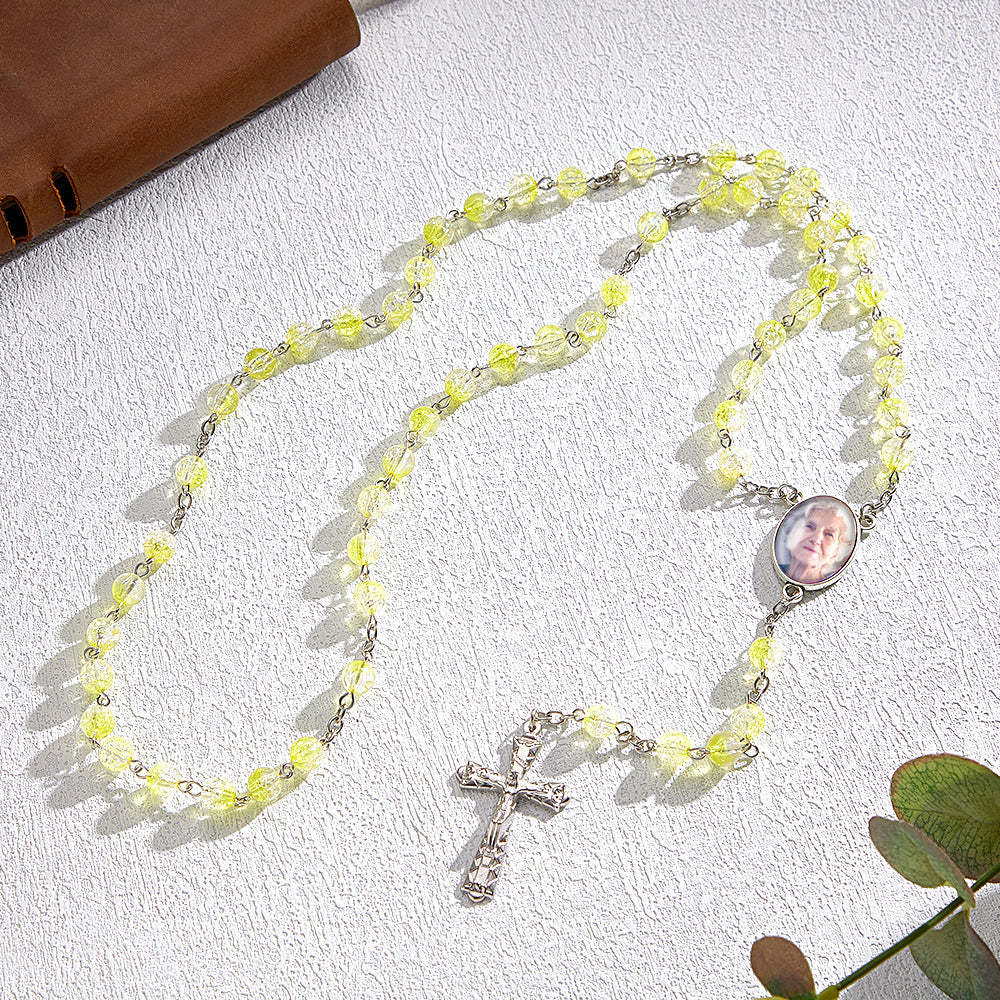 Custom Rosary Beads Cross Necklace Personalized Acrylic Explosion Beads Necklace with Photo - Myphotowallet