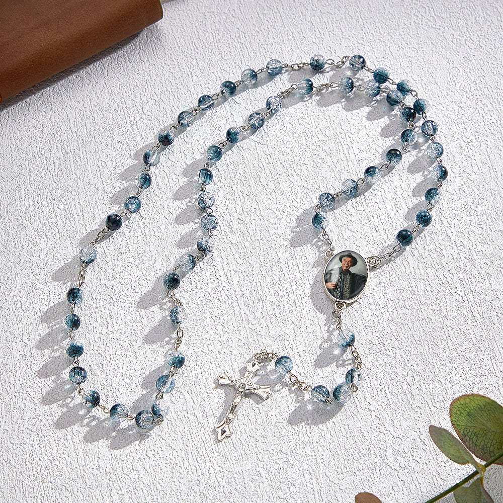 Custom Rosary Beads Cross Necklace Personalized Acrylic Explosion Beads Necklace with Photo - Myphotowallet