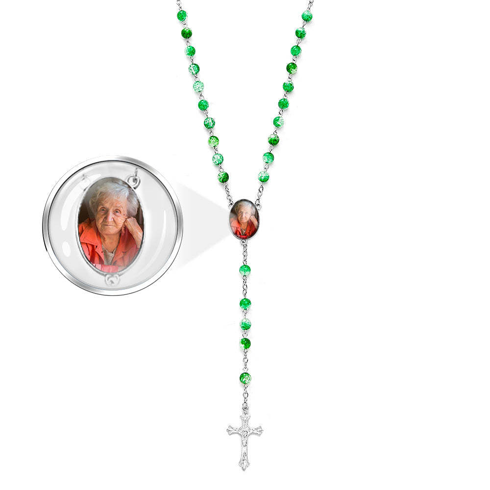 Custom Rosary Beads Cross Necklace Personalized Acrylic Explosion Beads Necklace with Photo - Myphotowallet