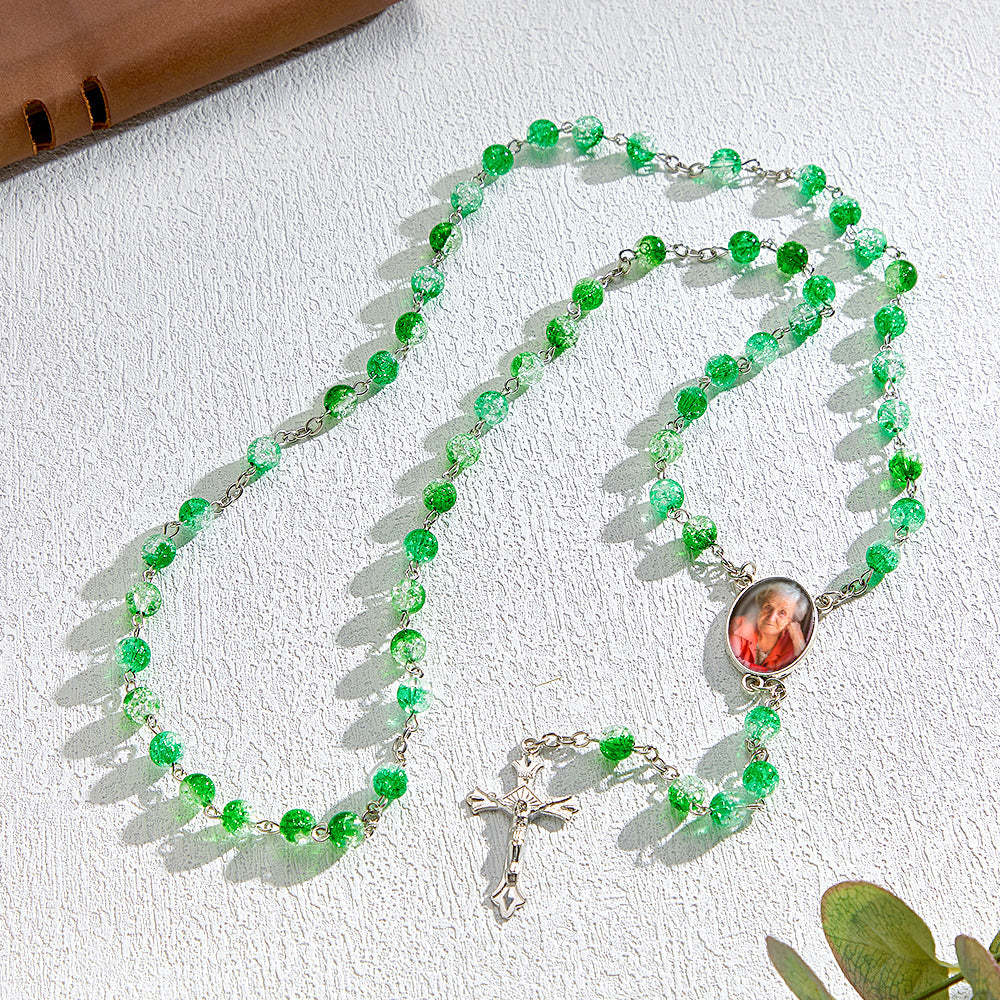 Custom Rosary Beads Cross Necklace Personalized Acrylic Explosion Beads Necklace with Photo - Myphotowallet