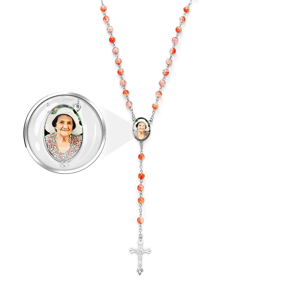 Custom Rosary Beads Cross Necklace Personalized Acrylic Explosion Beads Necklace with Photo - Myphotowallet