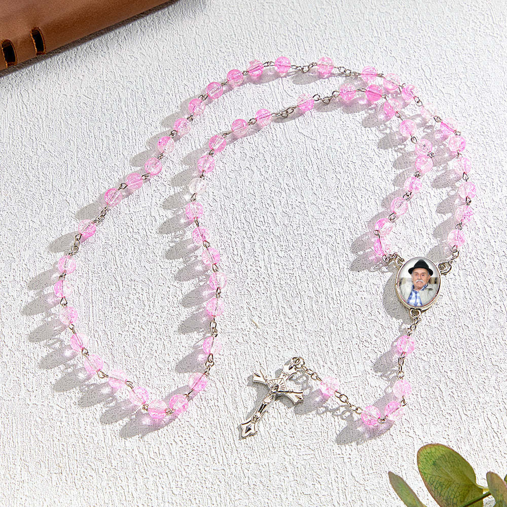 Custom Rosary Beads Cross Necklace Personalized Acrylic Explosion Beads Necklace with Photo - Myphotowallet