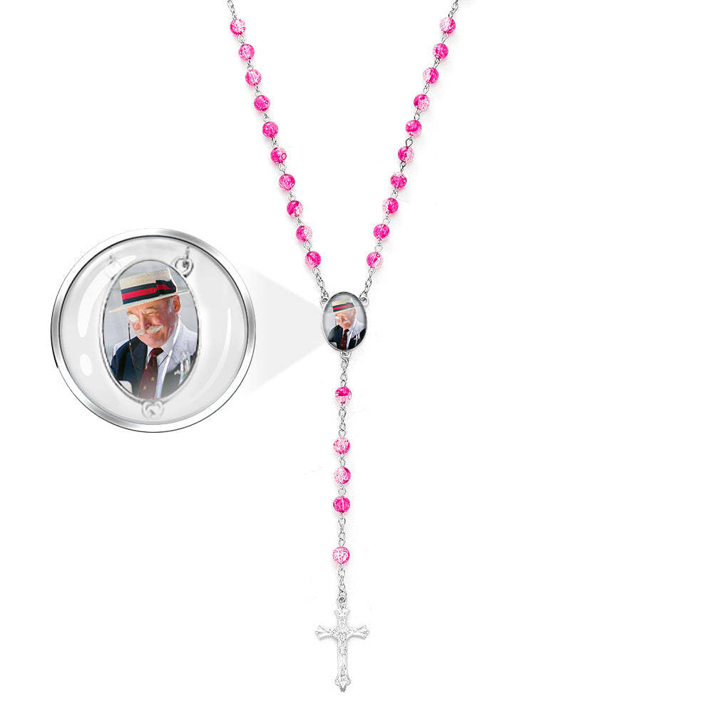 Custom Rosary Beads Cross Necklace Personalized Acrylic Explosion Beads Necklace with Photo - Myphotowallet