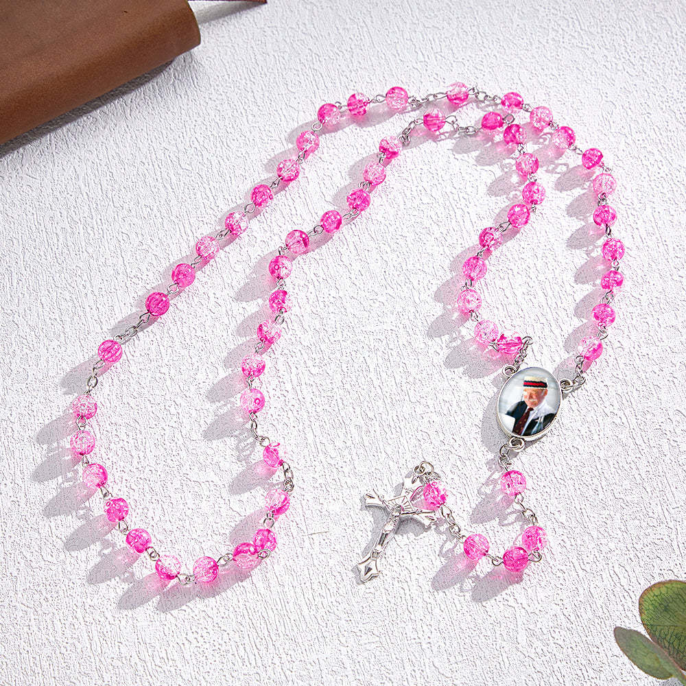 Custom Rosary Beads Cross Necklace Personalized Acrylic Explosion Beads Necklace with Photo - Myphotowallet