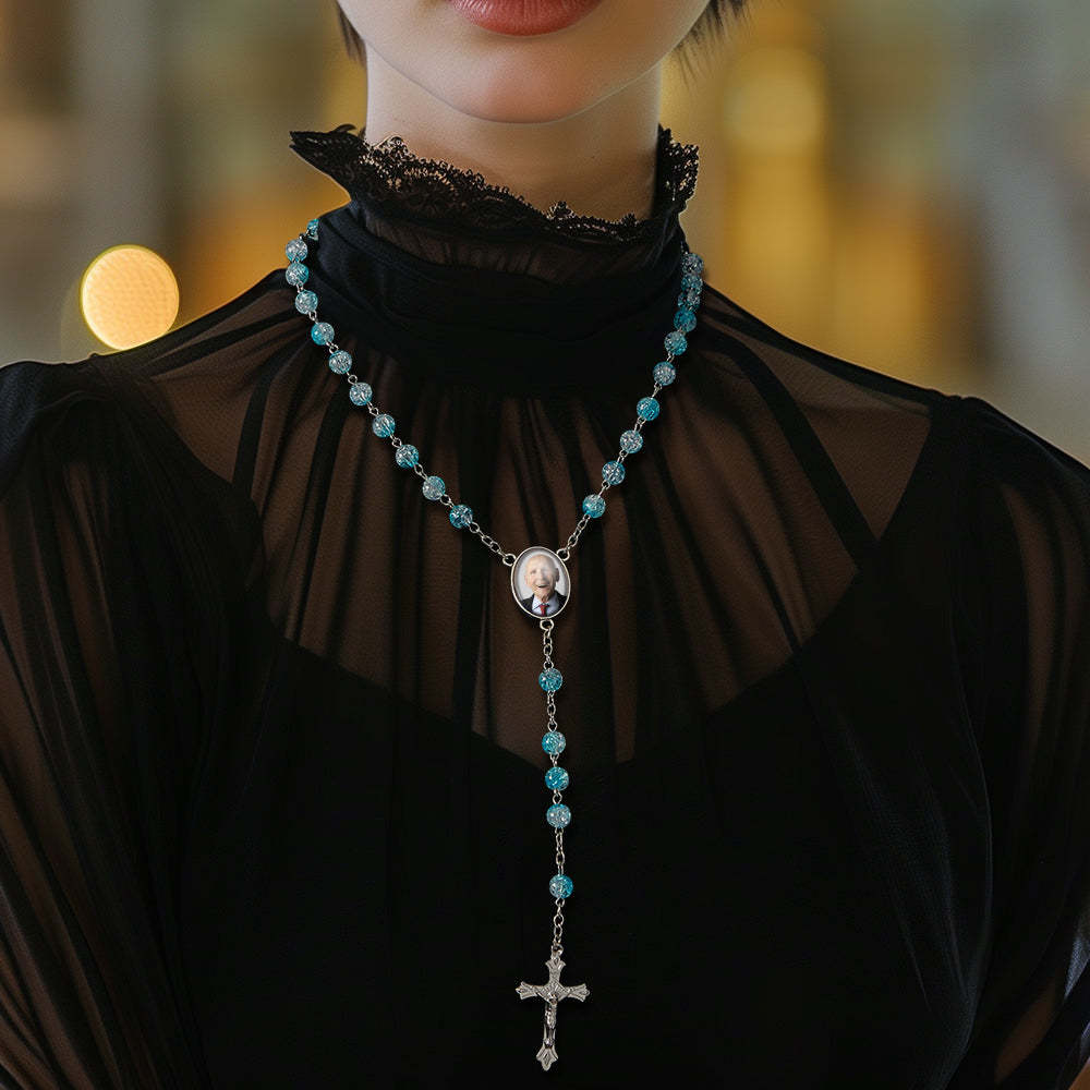 Custom Rosary Beads Cross Necklace Personalized Acrylic Explosion Beads Necklace with Photo - Myphotowallet