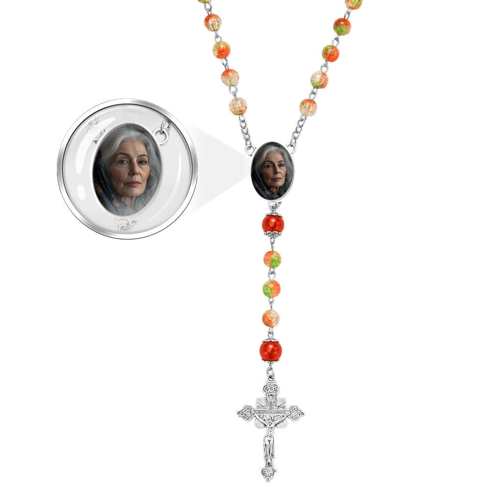 Custom Rosary Beads Cross Necklace Personalized Acrylic Explosion Beads Long Style Necklace with Photo - Myphotowallet