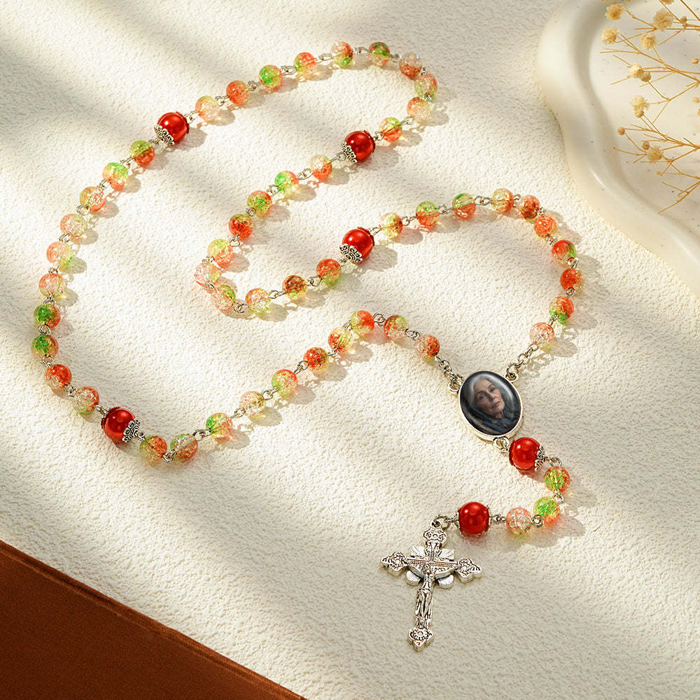 Custom Rosary Beads Cross Necklace Personalized Acrylic Explosion Beads Long Style Necklace with Photo - Myphotowallet