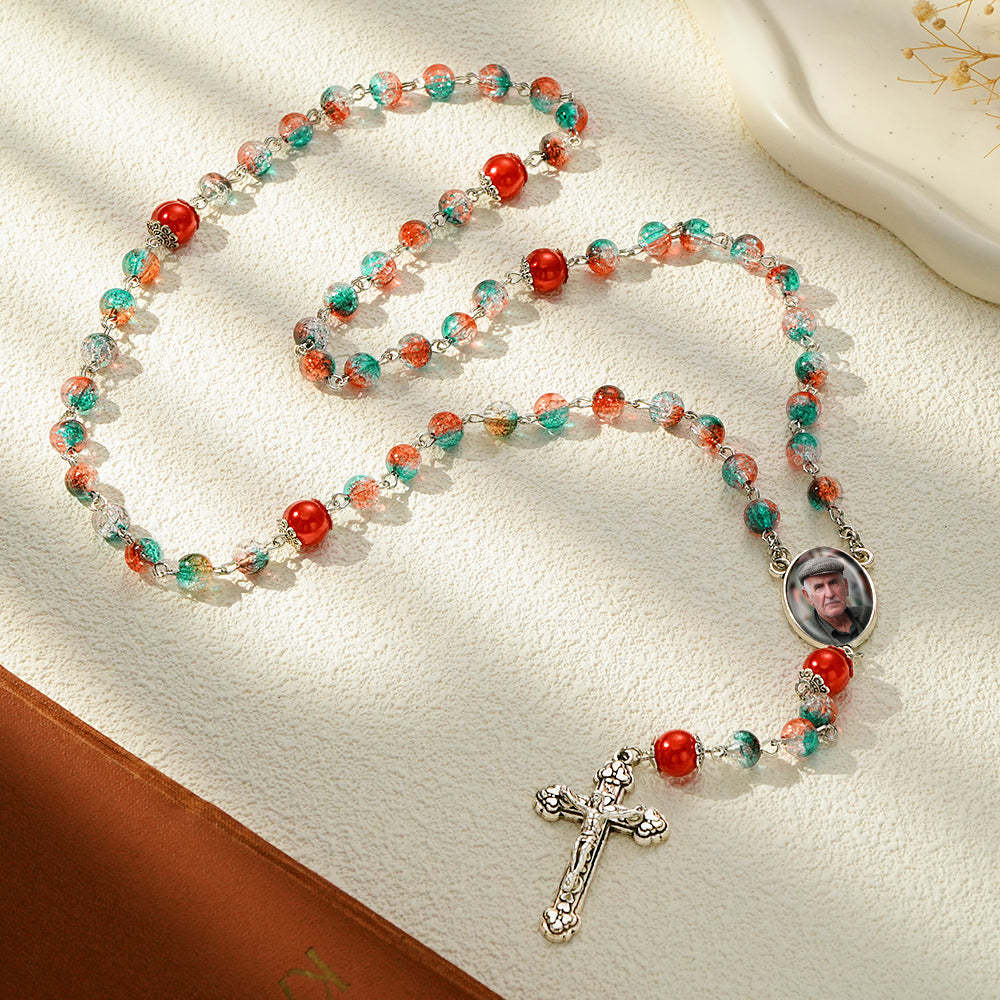 Custom Rosary Beads Cross Necklace Personalized Acrylic Explosion Beads Long Style Necklace with Photo - Myphotowallet
