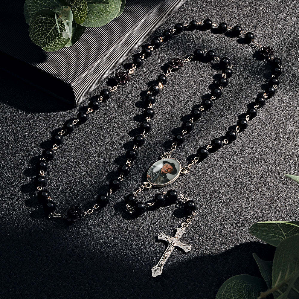 Custom Rosary Beads Cross Necklace Personalized Glass Imitation Pearls Necklace with Photo - Myphotowallet
