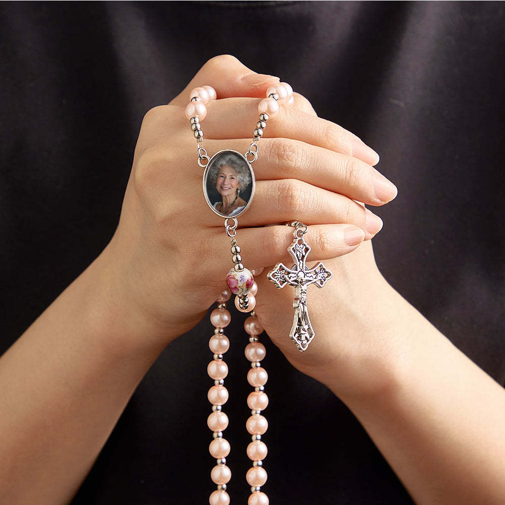 Custom Rosary Beads Cross Necklace Personalized Ceramic Rose Glass Imitation Pearl Necklace with Photo - Myphotowallet