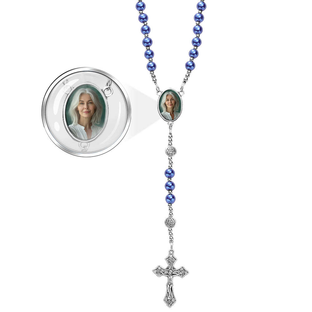Custom Rosary Beads Cross Necklace Personalized Retro Glass Imitation Pearl Hollow Necklace with Photo - Myphotowallet
