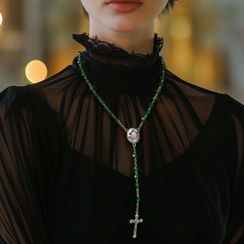 Custom Rosary Beads Cross Necklace Personalized Retro Style Handmade Bead Chain Necklace with Photo - Myphotowallet