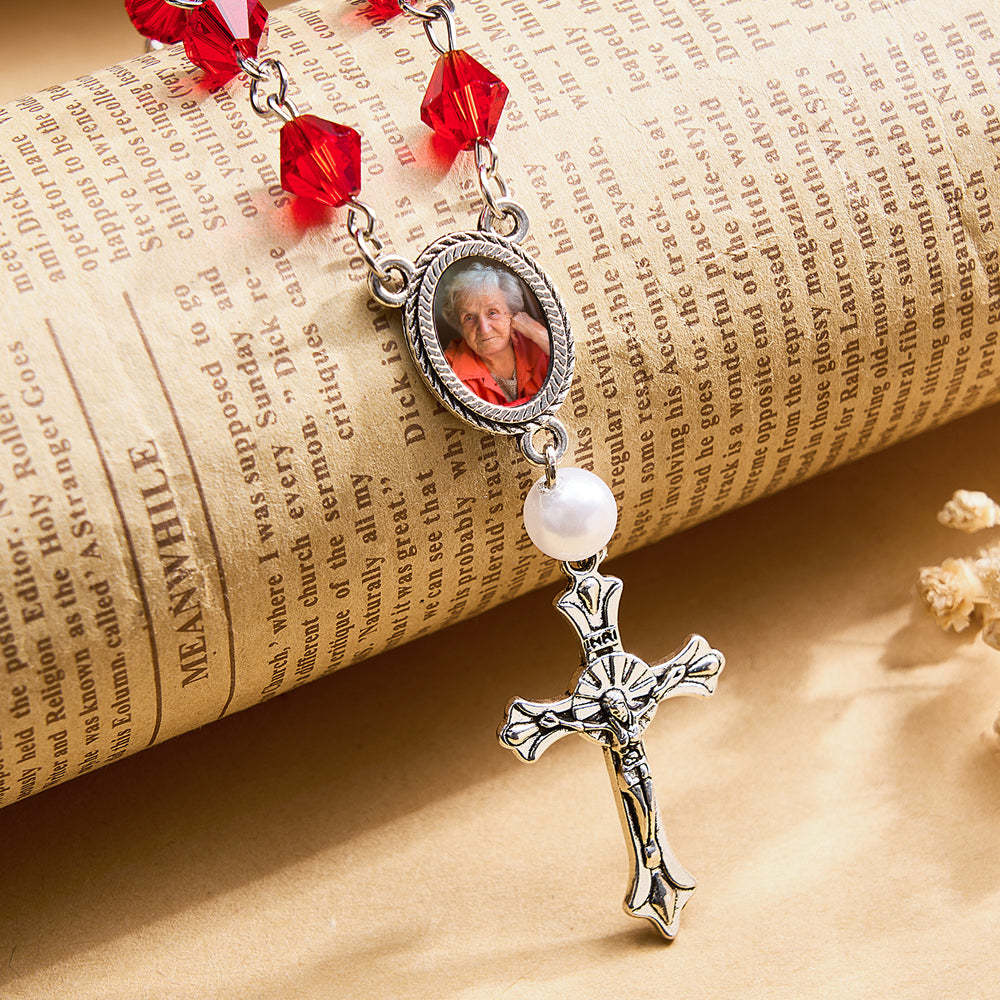 Personalized Photo Birthstone Rosary Bracelet with Cross Pendant Memorial Gift for Family -