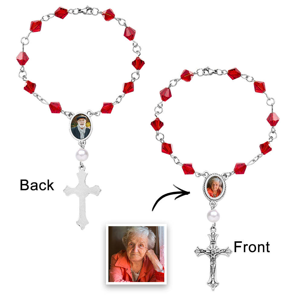 Personalized Photo Birthstone Rosary Bracelet with Cross Pendant Memorial Gift for Family -