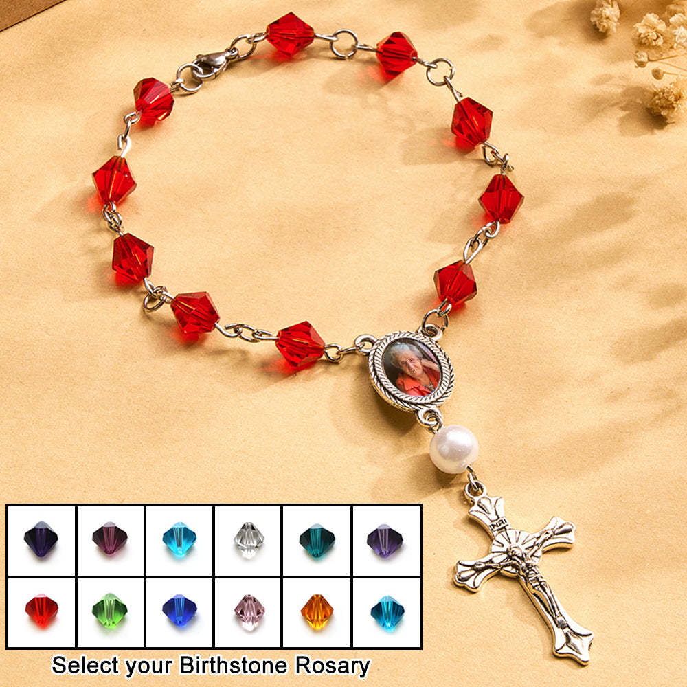 Personalized Photo Birthstone Rosary Bracelet with Cross Pendant Memorial Gift for Family -