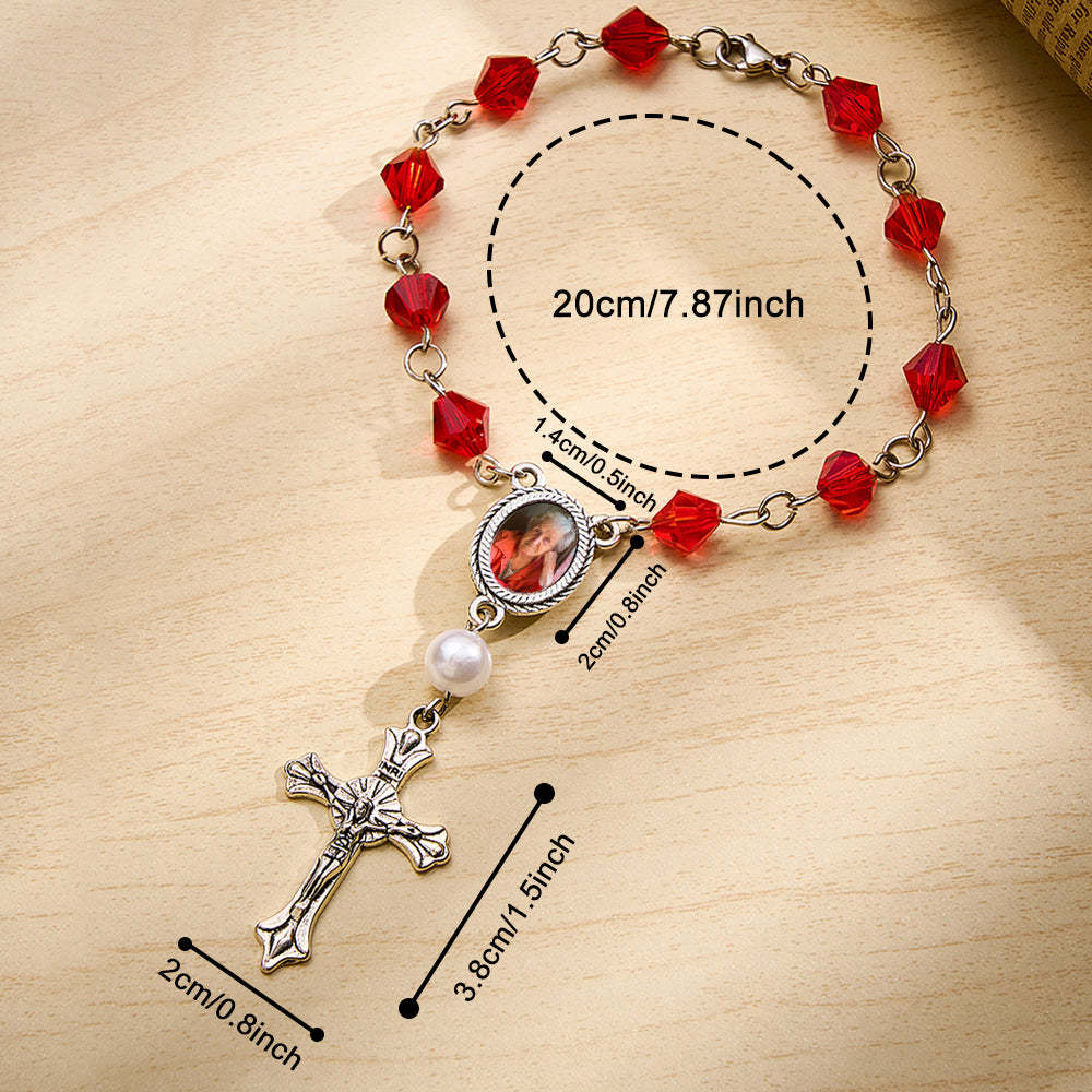 Personalized Photo Birthstone Rosary Bracelet with Cross Pendant Memorial Gift for Family -