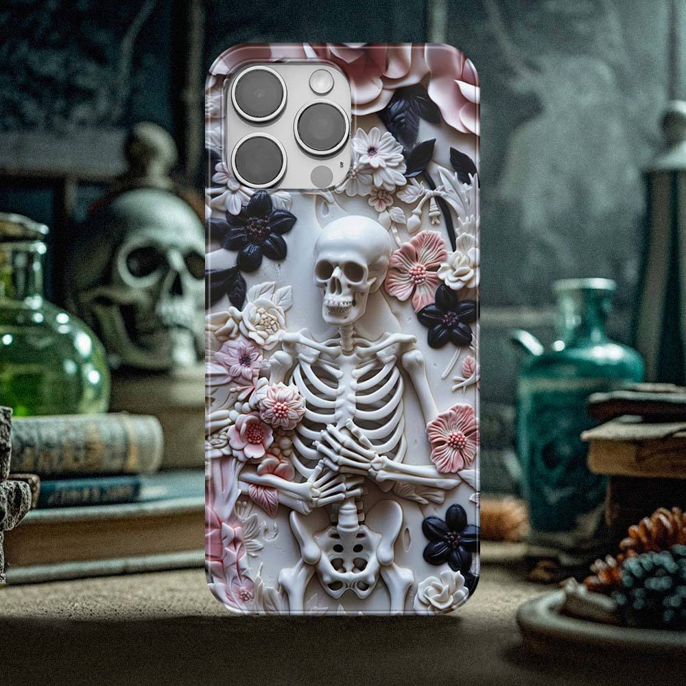 Whimsigoth Skeleton Phone Case, 3D Effect Pink and Black Floral Skeleton, Cute and Spooky Halloween Phone Case, iPhone, Samsung, Pixel