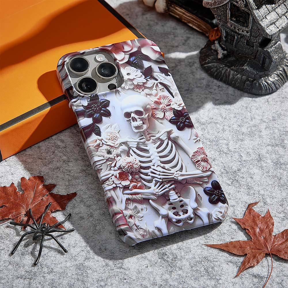 Whimsigoth Skeleton Phone Case, 3D Effect Pink and Black Floral Skeleton, Cute and Spooky Halloween Phone Case, iPhone, Samsung, Pixel