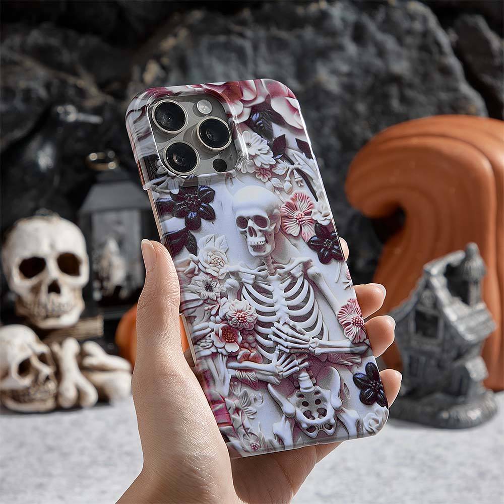 Whimsigoth Skeleton Phone Case, 3D Effect Pink and Black Floral Skeleton, Cute and Spooky Halloween Phone Case, iPhone, Samsung, Pixel