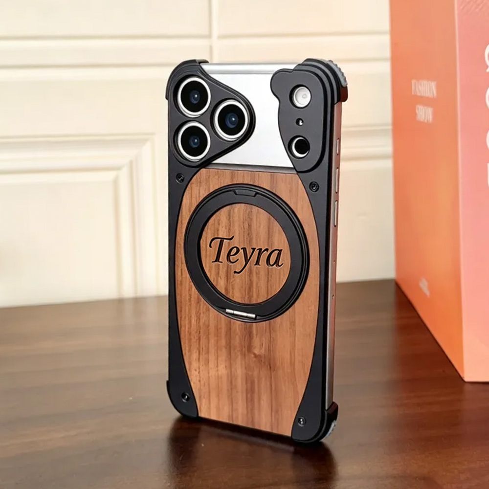 Walnut Wood Phone Case Metal Bumper Magnetic Wireless Charging Compatible 360 Rotatable Ring Kickstand Shockproof Heavy Duty Cover Gift for Men