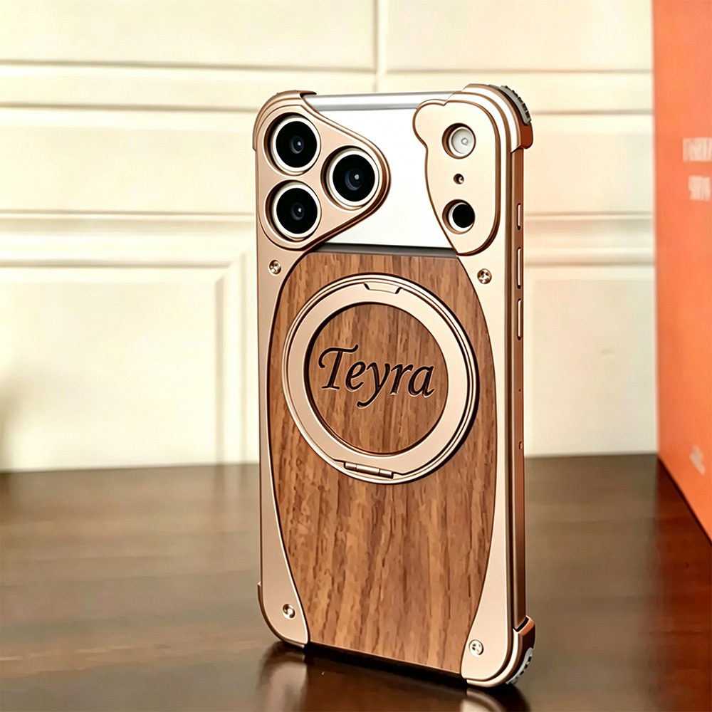 Walnut Wood Phone Case Metal Bumper Magnetic Wireless Charging Compatible 360 Rotatable Ring Kickstand Shockproof Heavy Duty Cover Gift for Men