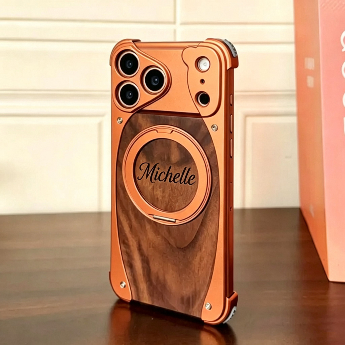 Walnut Wood Phone Case Metal Bumper Magnetic Wireless Charging Compatible 360 Rotatable Ring Kickstand Shockproof Heavy Duty Cover Gift for Men