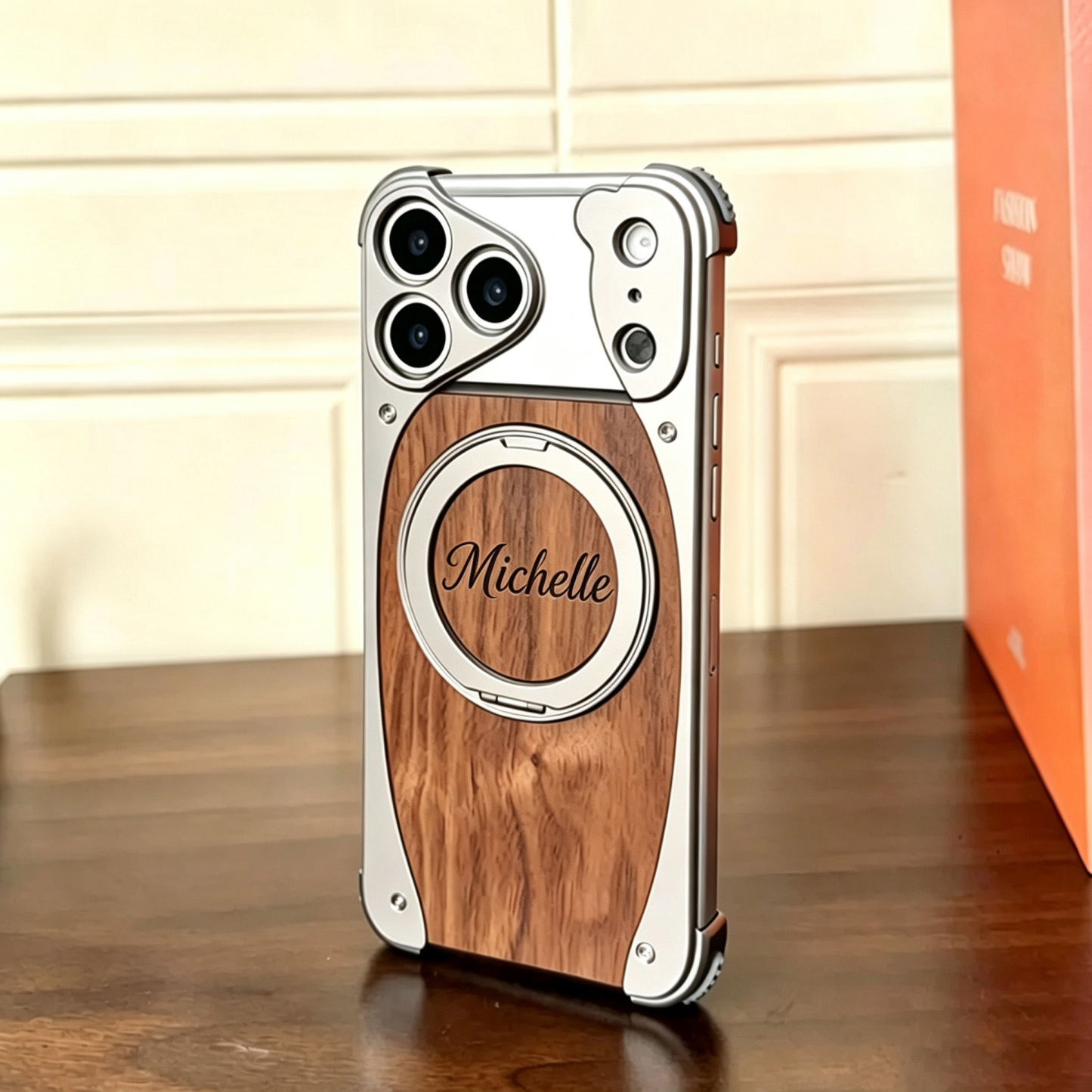 Walnut Wood Phone Case Metal Bumper Magnetic Wireless Charging Compatible 360 Rotatable Ring Kickstand Shockproof Heavy Duty Cover Gift for Men