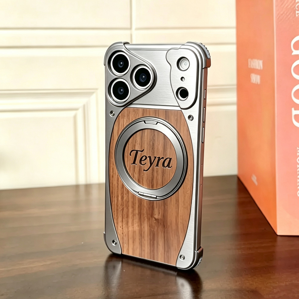 Walnut Wood Phone Case Metal Bumper Magnetic Wireless Charging Compatible 360 Rotatable Ring Kickstand Shockproof Heavy Duty Cover Gift for Men