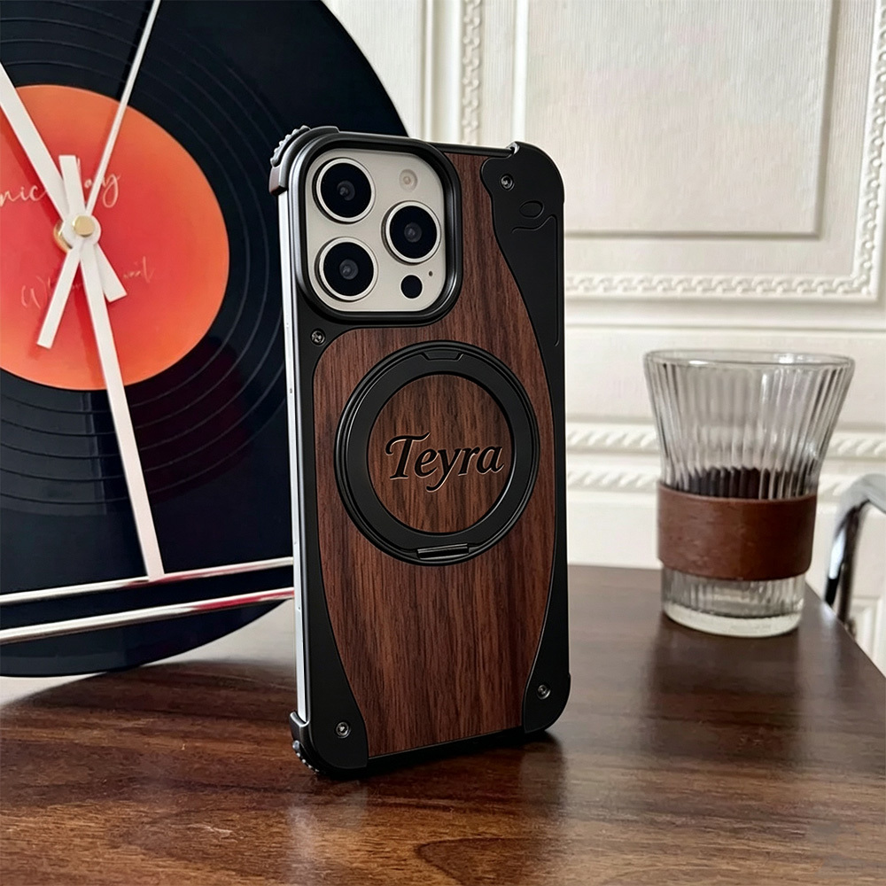 Walnut Wood Phone Case Metal Bumper Magnetic Wireless Charging Compatible 360 Rotatable Ring Kickstand Shockproof Heavy Duty Cover Gift for Men
