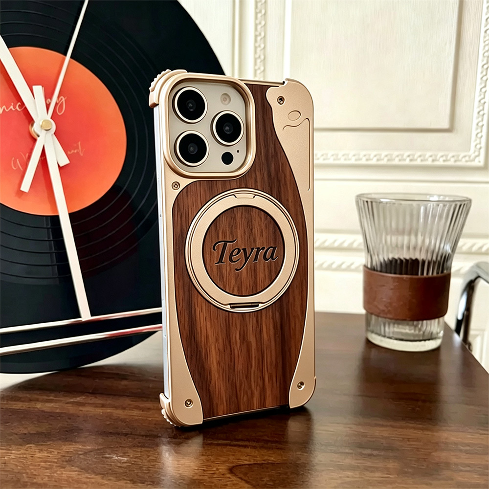 Walnut Wood Phone Case Metal Bumper Magnetic Wireless Charging Compatible 360 Rotatable Ring Kickstand Shockproof Heavy Duty Cover Gift for Men