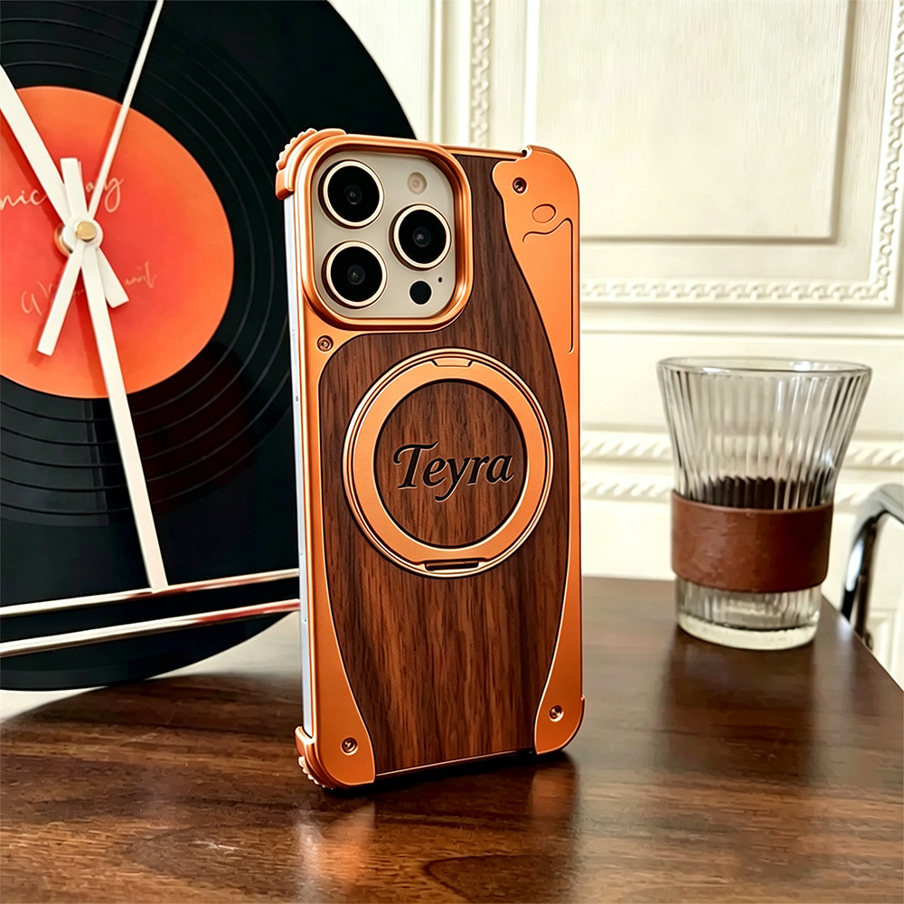 Walnut Wood Phone Case Metal Bumper Magnetic Wireless Charging Compatible 360 Rotatable Ring Kickstand Shockproof Heavy Duty Cover Gift for Men