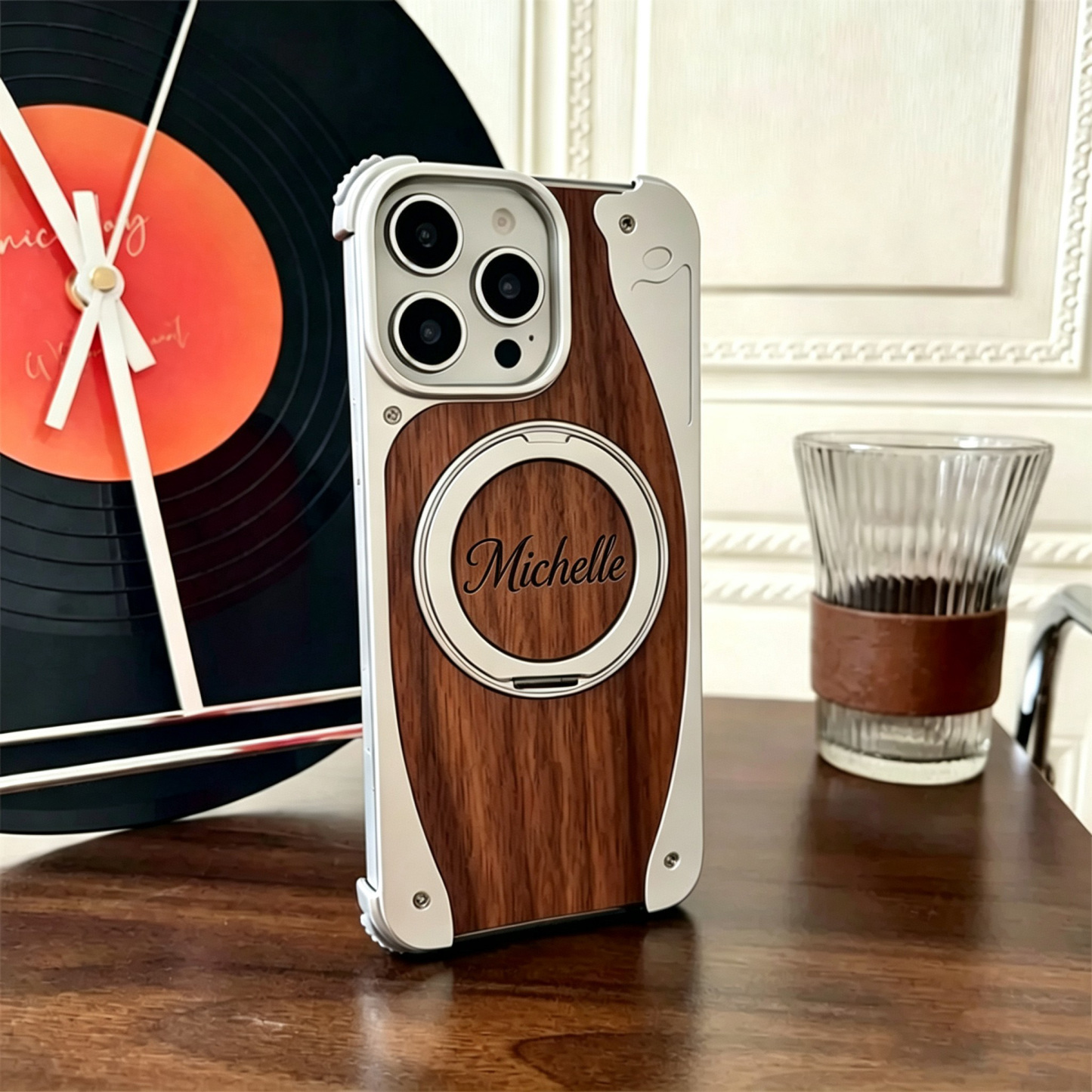 Walnut Wood Phone Case Metal Bumper Magnetic Wireless Charging Compatible 360 Rotatable Ring Kickstand Shockproof Heavy Duty Cover Gift for Men