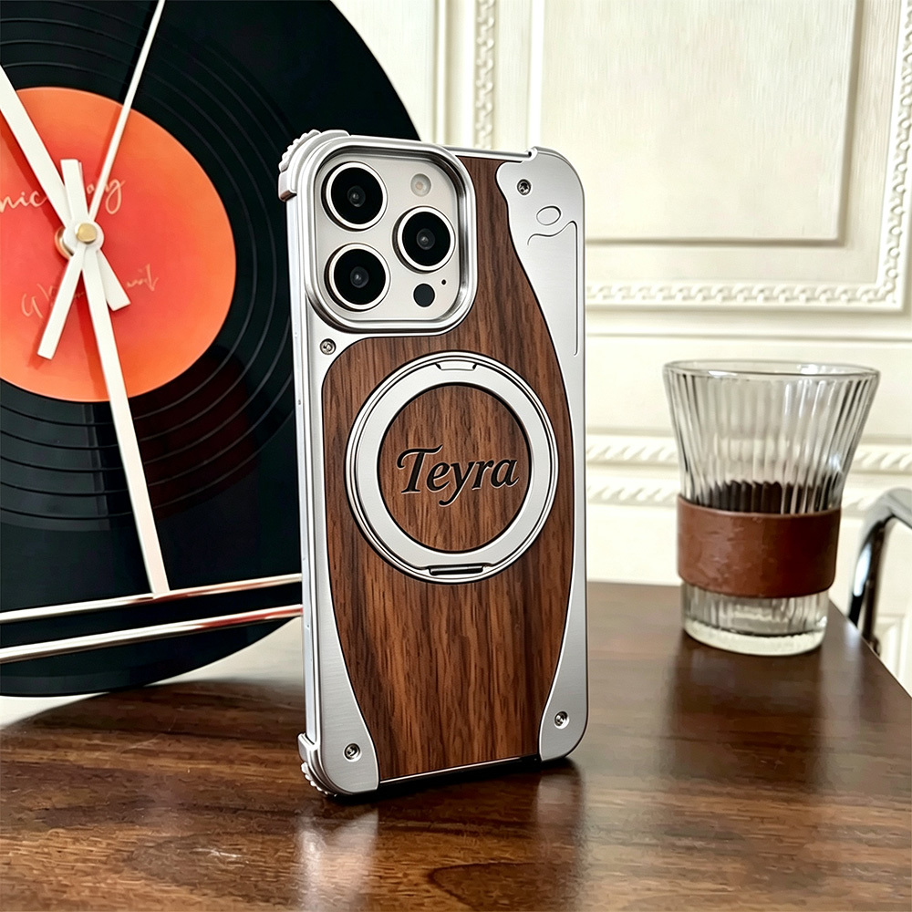 Walnut Wood Phone Case Metal Bumper Magnetic Wireless Charging Compatible 360 Rotatable Ring Kickstand Shockproof Heavy Duty Cover Gift for Men