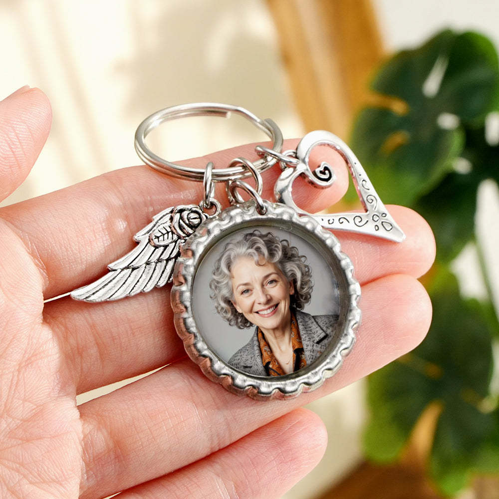 Personalized Photo Keychain with Text Heart Wing Keychain Memorial Gift -