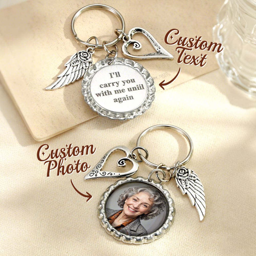 Personalized Photo Keychain with Text Heart Wing Keychain Memorial Gift -