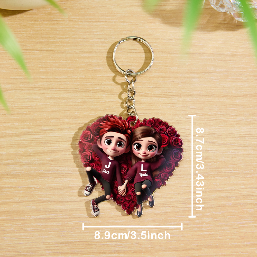 Romantic Rose Heart Couple Keychain - Personalized Valentine's Day Gift - myphotowallet