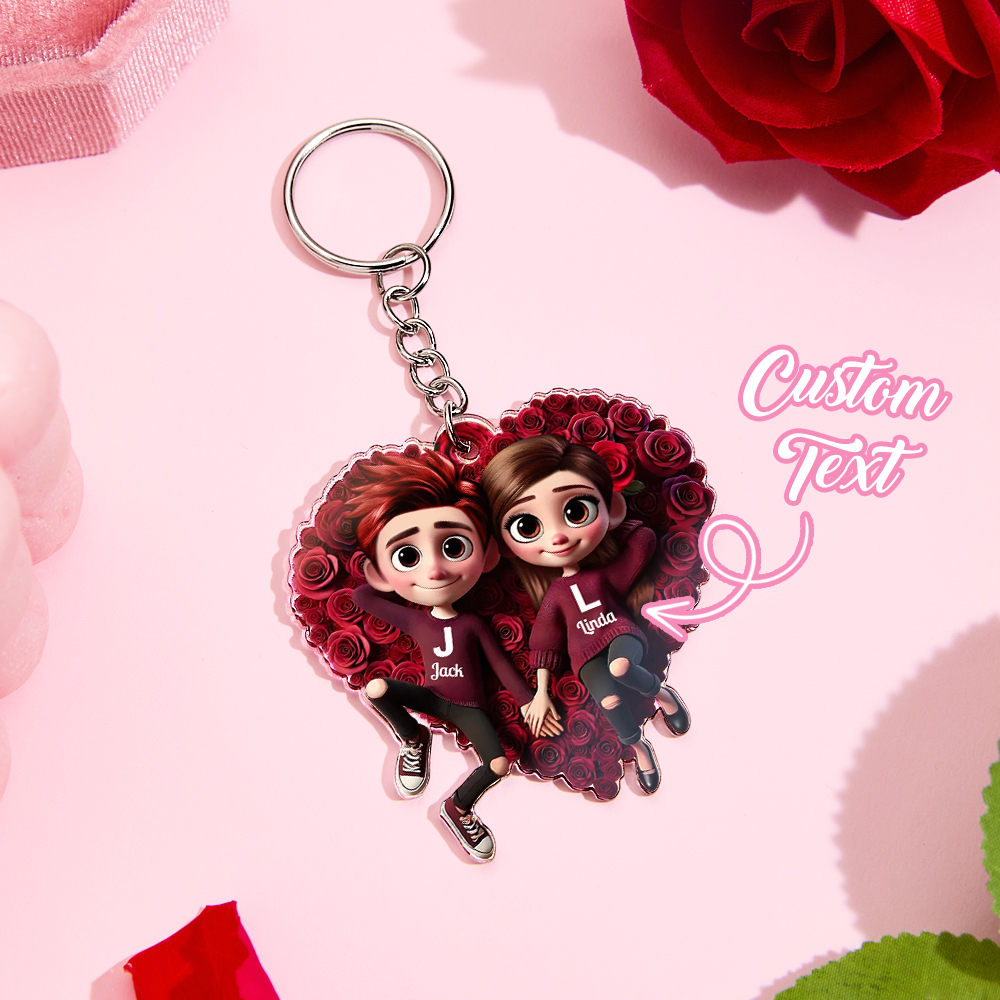 Romantic Rose Heart Couple Keychain - Personalized Valentine's Day Gift - myphotowallet